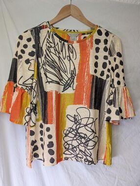 Multiples Top Petite Small Women Abstract Bell Sleeve Artsy Colorful NEW W/Tag